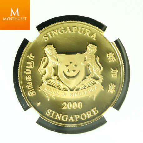 SINGAPORE 2000 GOLD 20 DOLLAR 1/2oz LUNAR YEAR OF THE DRAGON COIN KVALITET PROOF, NGC PF70 ULTRA CAMEO LAVT OPPLAG