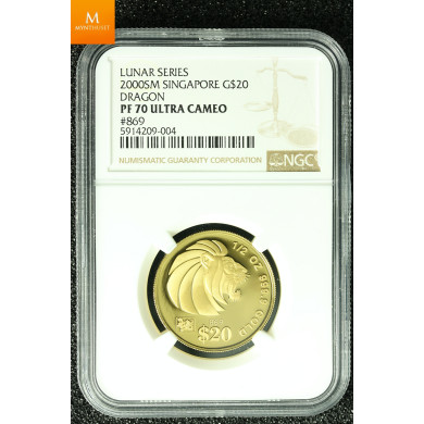 SINGAPORE 2000 GOLD 20 DOLLAR 1/2oz LUNAR YEAR OF THE DRAGON COIN KVALITET PROOF, NGC PF70 ULTRA CAMEO LAVT OPPLAG