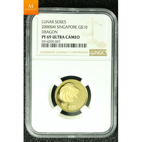 SINGAPORE 2000 GOLD 20 DOLLAR 1/2oz LUNAR YEAR OF THE DRAGON COIN KVALITET PROOF, NGC PF70 ULTRA CAMEO LAVT OPPLAG