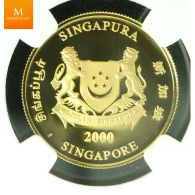 SINGAPORE 2000 GOLD 20 DOLLAR 1/2oz LUNAR YEAR OF THE DRAGON COIN KVALITET PROOF, NGC PF70 ULTRA CAMEO LAVT OPPLAG