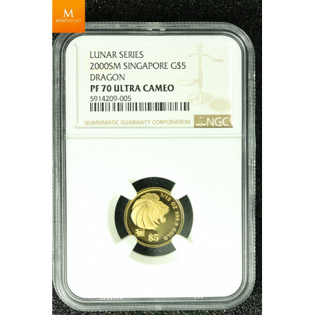 SINGAPORE 2000 GOLD 20 DOLLAR 1/2oz LUNAR YEAR OF THE DRAGON COIN KVALITET PROOF, NGC PF70 ULTRA CAMEO LAVT OPPLAG