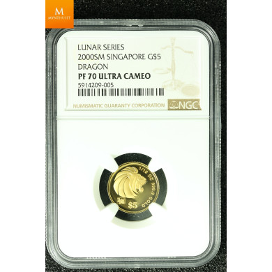 SINGAPORE 2000 GOLD 20 DOLLAR 1/2oz LUNAR YEAR OF THE DRAGON COIN KVALITET PROOF, NGC PF70 ULTRA CAMEO LAVT OPPLAG