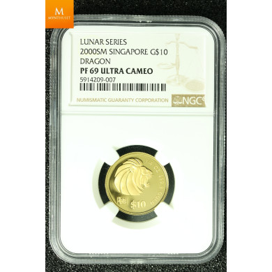 SINGAPORE 2000 GOLD 20 DOLLAR 1/2oz LUNAR YEAR OF THE DRAGON COIN KVALITET PROOF, NGC PF70 ULTRA CAMEO LAVT OPPLAG
