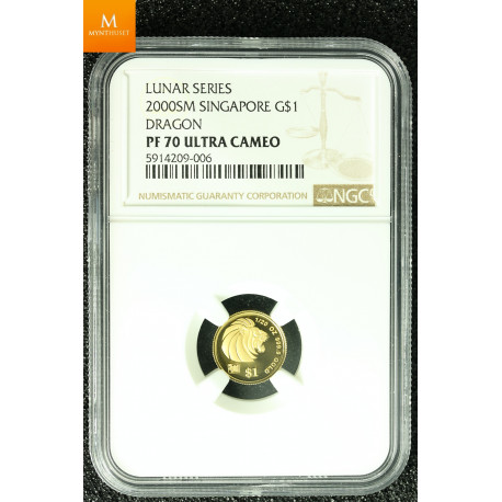 SINGAPORE 2000 GOLD 20 DOLLAR 1/2oz LUNAR YEAR OF THE DRAGON COIN KVALITET PROOF, NGC PF70 ULTRA CAMEO LAVT OPPLAG