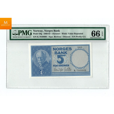 5 kroner 1963 K.7849008 kvalitet 0 , PMG MS66 EPQ 5 kroner 1963 K.7849008 kvalitet 0 , PMG MS66 EPQ