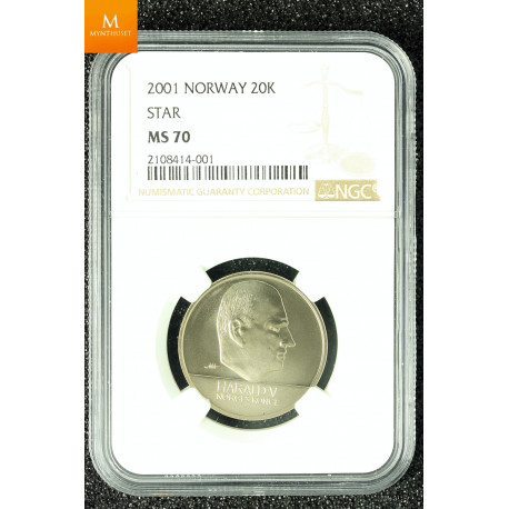 20 kroner 2001 med stjerne i perfekt kvalitet 0 , NGC MS70