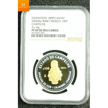 MEXICO 100 PESOS 2006MO BIMET GOLD/SILVER PROOF NGC PF70 UCAM