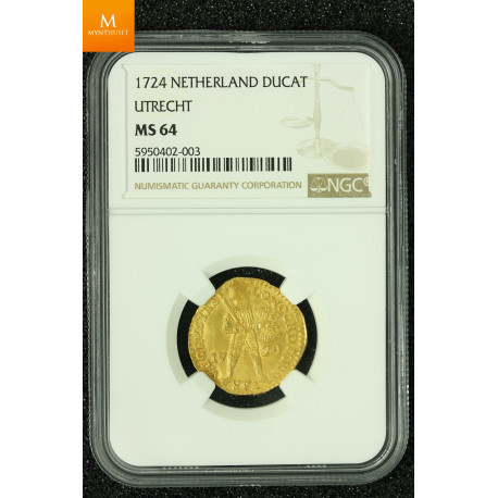 Rundeskatten gull dukat 1724 Utrecht kvalitet 0/01, NGC MS64