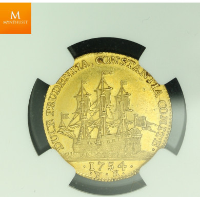 Danmark dukat 1754 kvalitet 0/01 , NGC MS61 PL sjelden!