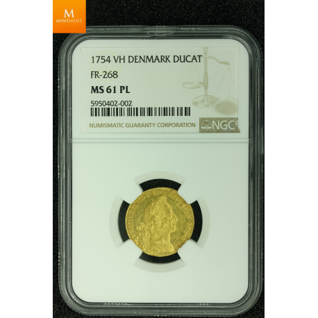 Danmark dukat 1754 kvalitet 0/01 , NGC MS61 PL sjelden!