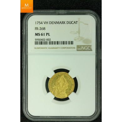 Danmark dukat 1754 kvalitet 0/01 , NGC MS61 PL sjelden!