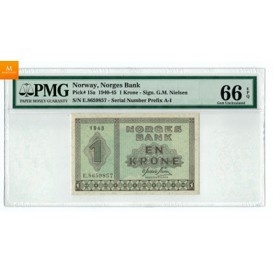 1 krone 1943 E.8659857 kvalitet 0, PMG MS66 EPQ