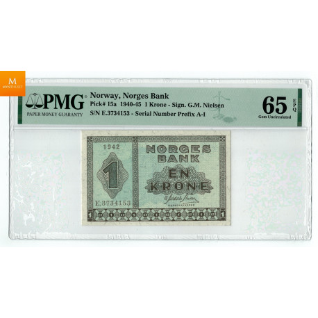 1 krone 1942 E.3734153 kvalitet 0 , PMG MS65 EPQ