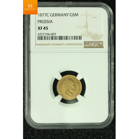 Tyskland 5 Mark 1877C kvalitet 1+ , NGC XF45