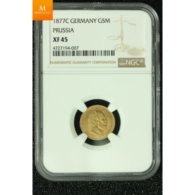 Tyskland 5 Mark 1877C kvalitet 1+ , NGC XF45