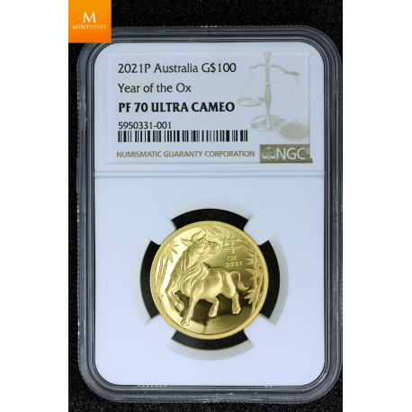 Sjelden! Australian Lunar Series III 2021 Year of the Ox 1oz Gold Proof High Relief  kvalitet proof, NGC PF70 UC
