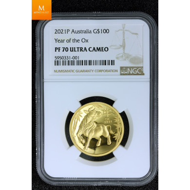 Sjelden! Australian Lunar Series III 2021 Year of the Ox 1oz Gold Proof High Relief  kvalitet proof, NGC PF70 UC