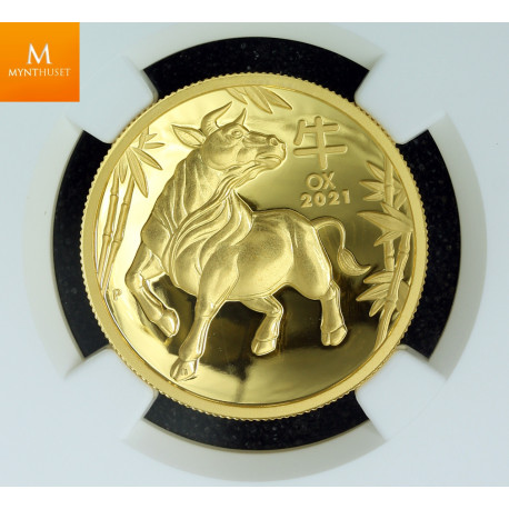 Sjelden! Australian Lunar Series III 2021 Year of the Ox 1oz Gold Proof High Relief  kvalitet proof, NGC PF70 UC