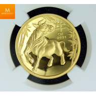 Sjelden! Australian Lunar Series III 2021 Year of the Ox 1oz Gold Proof High Relief  kvalitet proof, NGC PF70 UC
