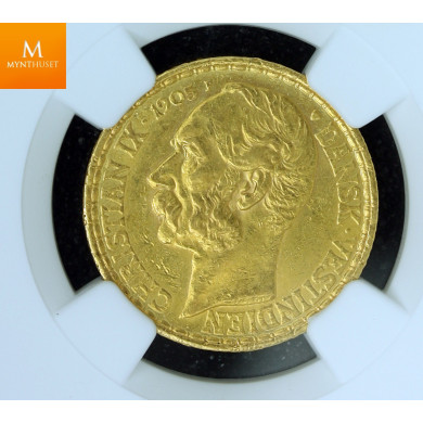 Danish West Indies gold 20 francs / 4 daler 1905 kvalitet 01, NGC AU58