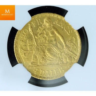 Danish West Indies gold 20 francs / 4 daler 1905 kvalitet 01, NGC AU58