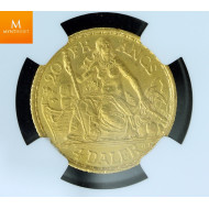 Danish West Indies gold 20 francs / 4 daler 1905 kvalitet 01, NGC AU58