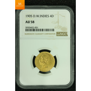 Danish West Indies gold 20 francs / 4 daler 1905 kvalitet 01, NGC AU58