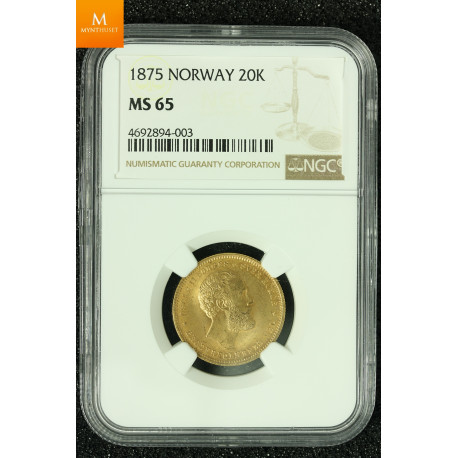 20 kroner 5 SP 1875 kvalitet 0/01, NGC MS65