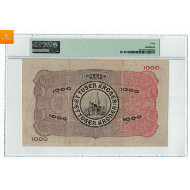 1000 kroner 1939 A kvalitet 1, PMG VF30 sjeldenhet SS (16-25 kjente eksemplarer)