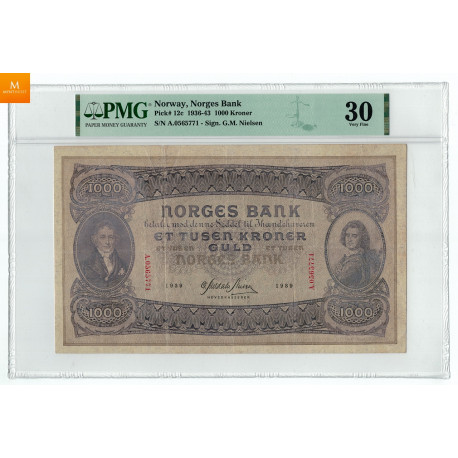 1000 kroner 1939 A kvalitet 1, PMG VF30 sjeldenhet SS (16-25 kjente eksemplarer)