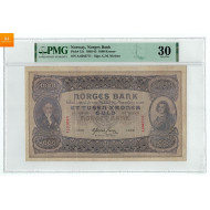 1000 kroner 1939 A kvalitet 1, PMG VF30 sjeldenhet SS (16-25 kjente eksemplarer)