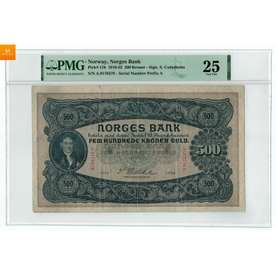 500 kroner 1932 kvalitet 1-, PMG VF25 Meget sjelden R seddel