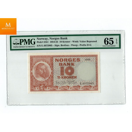 10 kroner 1955 E Kvalitet 0, PMG MS65 EPQ