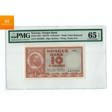 10 kroner 1955 E Kvalitet 0, PMG MS65 EPQ 10 kroner 1955 E Kvalitet 0, PMG MS65 EPQ