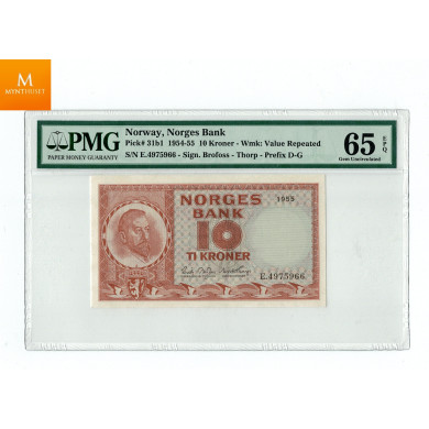 10 kroner 1955 E Kvalitet 0, PMG MS65 EPQ 10 kroner 1955 E Kvalitet 0, PMG MS65 EPQ