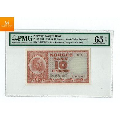 10 kroner 1955 E Kvalitet 0, PMG MS65 EPQ 10 kroner 1955 E Kvalitet 0, PMG MS65 EPQ