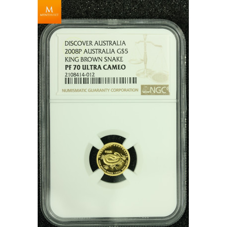 Australia gull 5 dollar 2008 KING BROWN SNAKE kvalitet proof, NGC PF70