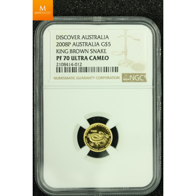 Australia gull 5 dollar 2008 KING BROWN SNAKE kvalitet proof, NGC PF70