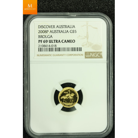 Australia gull 5 dollar 2008 KING BROWN SNAKE kvalitet proof, NGC PF70