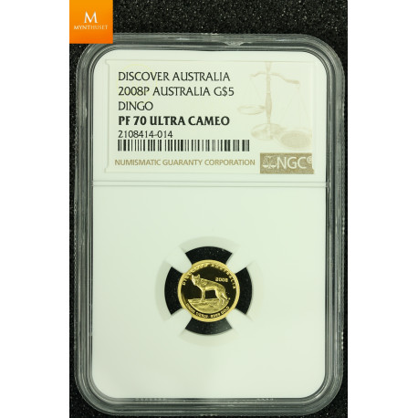 Australia gull 5 dollar 2008 KING BROWN SNAKE kvalitet proof, NGC PF70