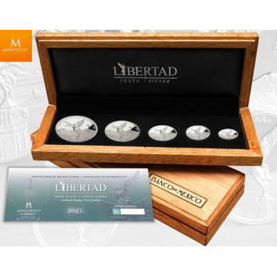 Mexico 2021 LIBERTAD sett med 5 stk sølvmynter i kvalitet proof CASA DE MONEDA DE MEXICO Mexico 2021 LIBERTAD sett med 5 stk sølvmynter i kvalitet proof CASA DE MONEDA DE MEXICO