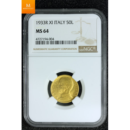 Italia 50 Lire 1933 R kvalitet 0/01, NGC MS64