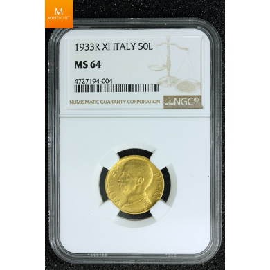 Italia 50 Lire 1933 R kvalitet 0/01, NGC MS64