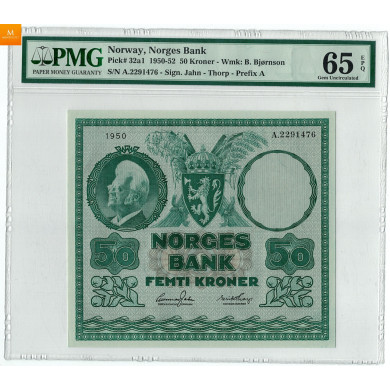 50 krone 1950 A.2291476 Kvalitet 0, PMG MS65 EPQ 50 krone 1950 A.2291476 Kvalitet 0, PMG MS65 EPQ