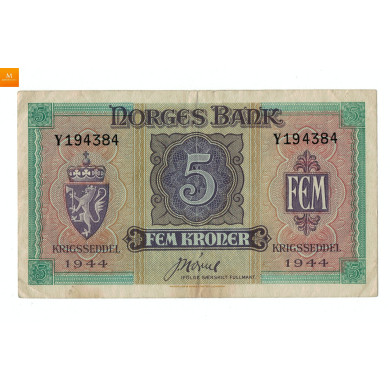 5 kroner 1944 Y 194384, London kvalitet God 1 5 kroner 1944 Y 194384, London kvalitet God 1