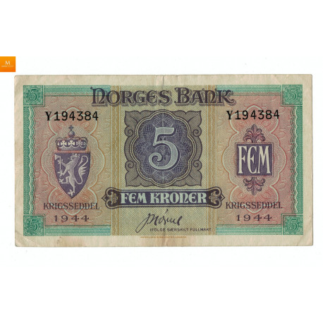 5 kroner 1944 Y 194384, London kvalitet God 1