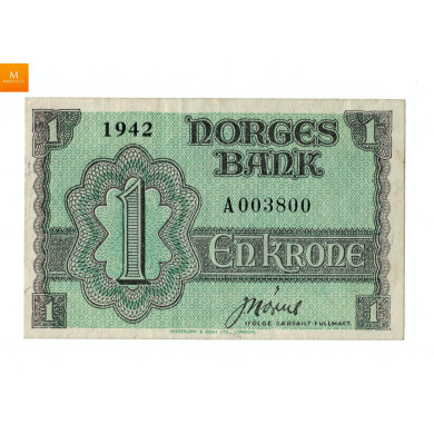 1 krone 1942 A 003800 Enkelt seddelnummer, London Kvalitet: Pen 1 1 krone 1942 A 003800 Enkelt seddelnummer, London Kvalitet: Pen 1