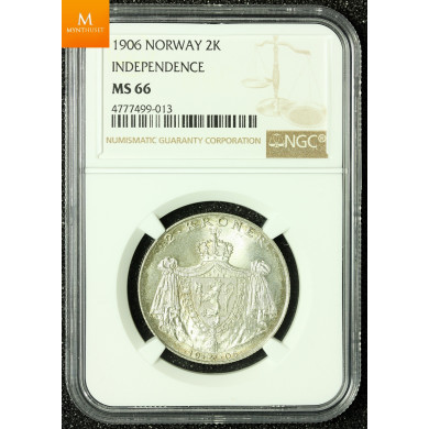 2 kroner 1906 stort skjold kvalitet 0, NGC MS66