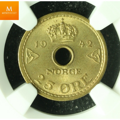 London 25 øre 1942 Kvalitet 0, NGC MS66 London 25 øre 1942 Kvalitet 0, NGC MS66