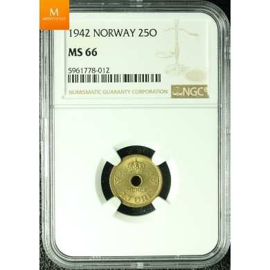 London 25 øre 1942 Kvalitet 0, NGC MS66 London 25 øre 1942 Kvalitet 0, NGC MS66